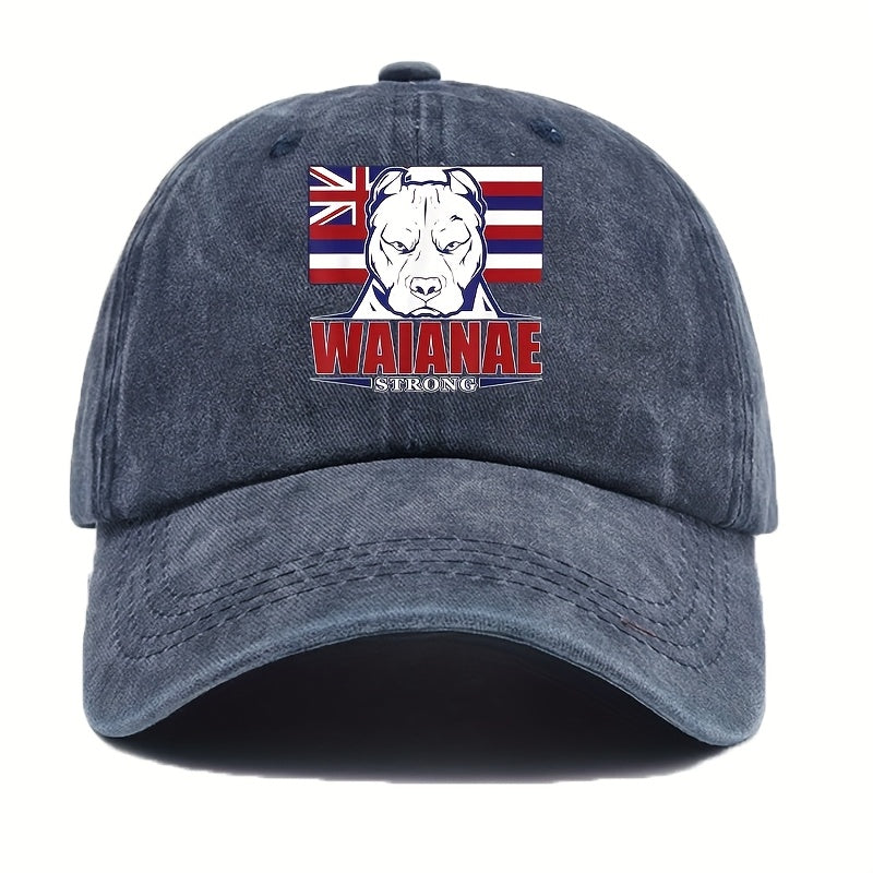 WAIANAE Men'S Hawaiian Flag & Dog Graphic Baseball Cap - Adjustable Lightweight Retro Streetwear Hat for Outdoor Sports, Patriotic Hip Hop Style, Soft Fabric, Thanksgiving/Father'S Day Gift