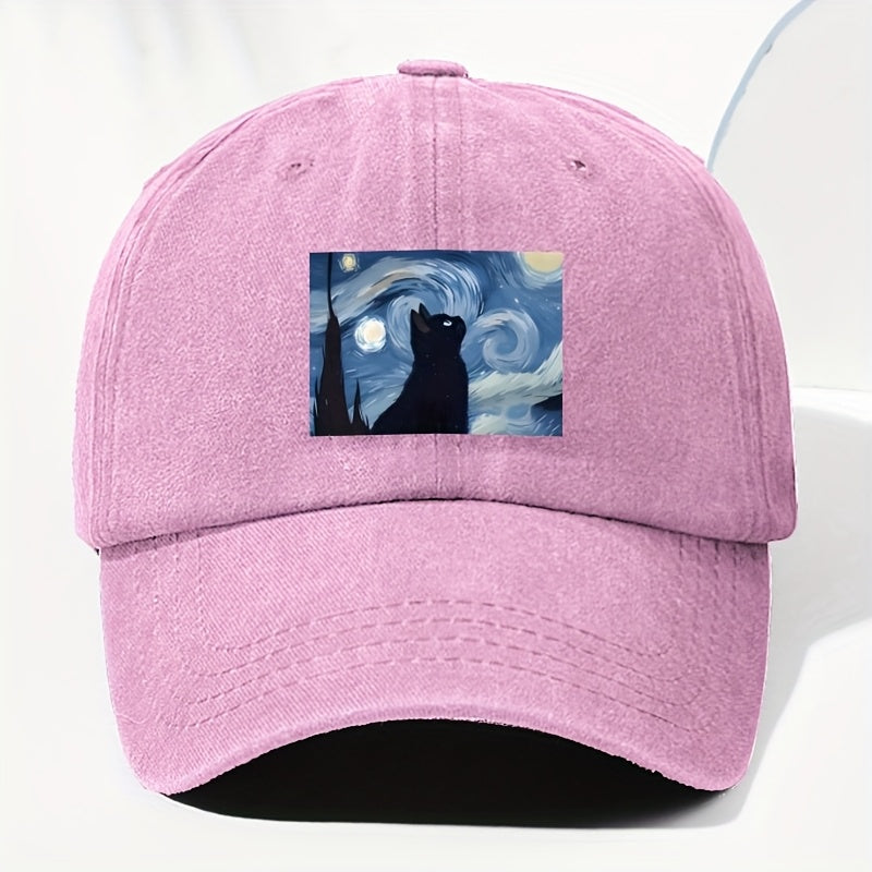 Unisex Cat Animal Print Washed Vintage Baseball Cap, Fashionable Sun Outdoor Hat for Men and Women, Adjustable Fit Trucker Hat Suitable for All Seasons and Daily Wear