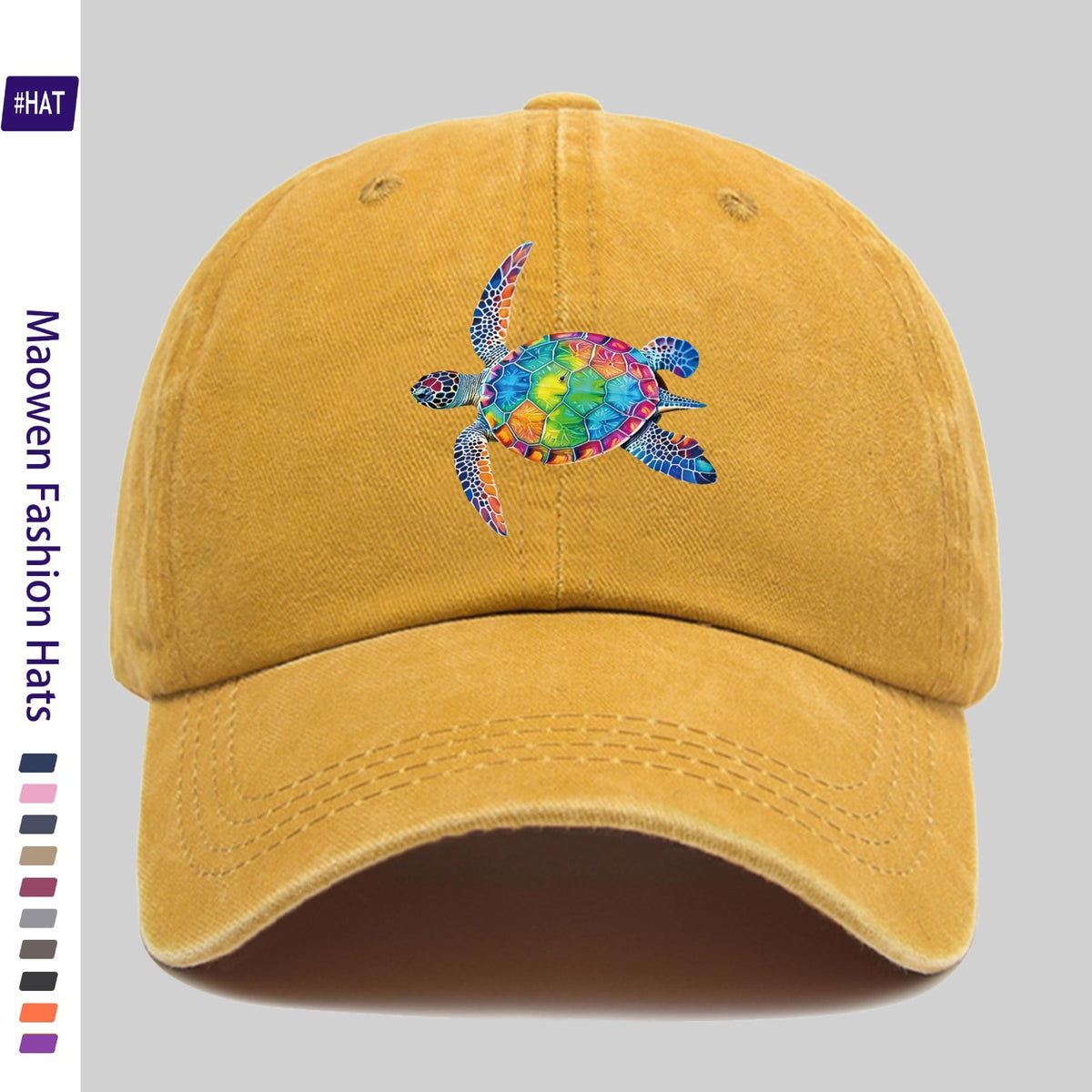 Washed Baseball Cap with Colorful Turtle Pattern Heat Transfer Design, New Vintage Style Cap for Autumn And Winter, Unisex, Adjustable, Lightweight Outdoor Cap, Suitable for All Seasons, Ideal for Travel And Leisure, Suitable for Sports
