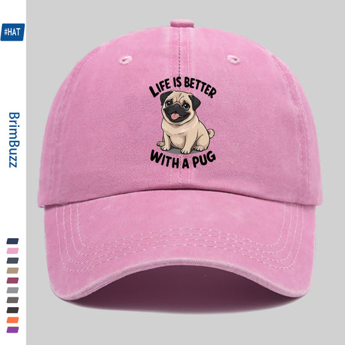 "Life Is Better with Pug" Baseball Cap | Lightweight And Adjustable, Made of Polyester, Suitable for Outdoor Activities, Travel, And Leisure, Vintage Style, with Embossed And Printed Maps