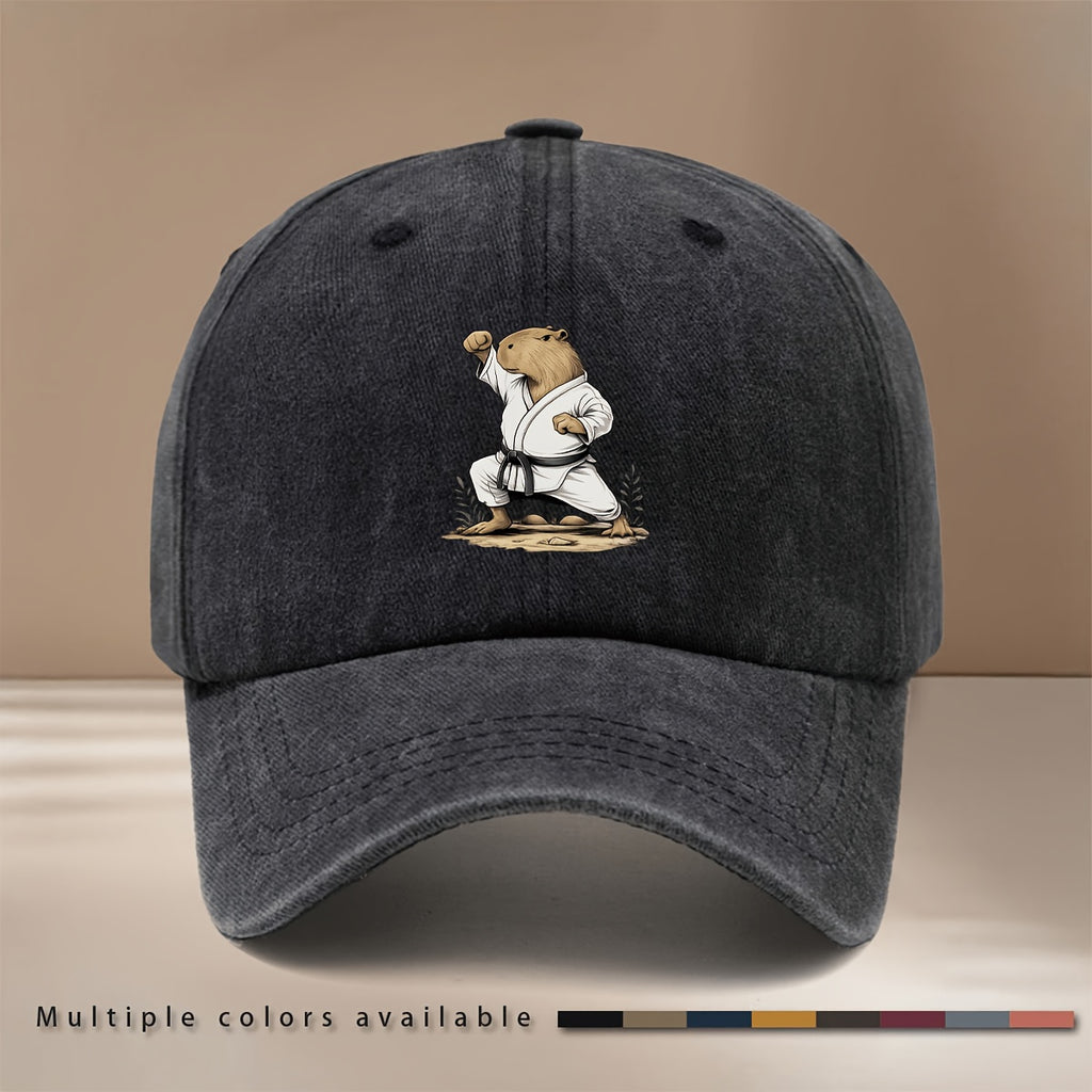 This Is a Baseball Cap Featuring a Capybara Design with a Martial Arts Theme. It'S Lightweight, Trendy, Adjustable, And Suitable for Both Men And Women. The Comfortable And Stylish Duckbill Hat Is Perfect for Outdoor Sports, Gatherings