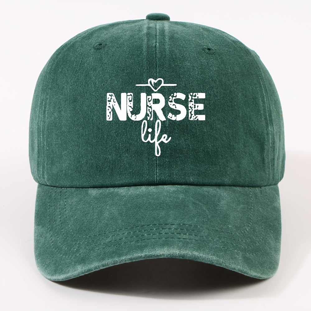 1 Fashion Nurse Letter Washed Baseball Cap Unisex Adjustable Brim Sun Hat Shopping Cycling Skateboarding Trendy Baseball Cap,  Casual Wear, Sporty Style, Geometric Pattern, Metal Buckle Closure, Durable Material, Unisex Headwear, Men And Women