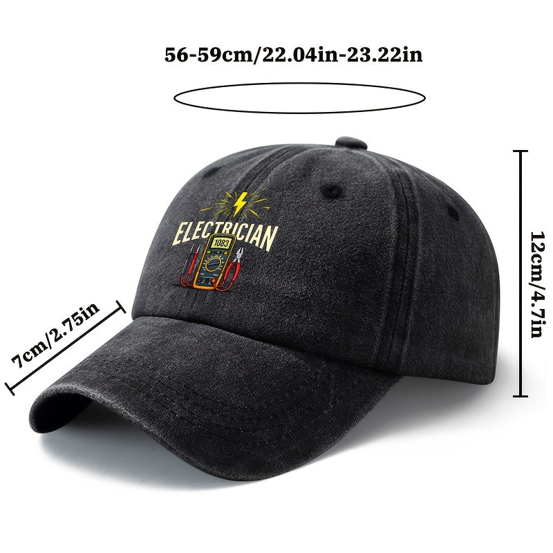 A Stylish And Versatile Unisex ELECTRICIAN Baseball Cap with a Printed Design, Featuring a Classic Retro Washed Look. This Lightweight Outdoor Cap Is Perfect for Truck Drivers And Suitable for Casual Occasions Like Outdoor Vacations, Camping