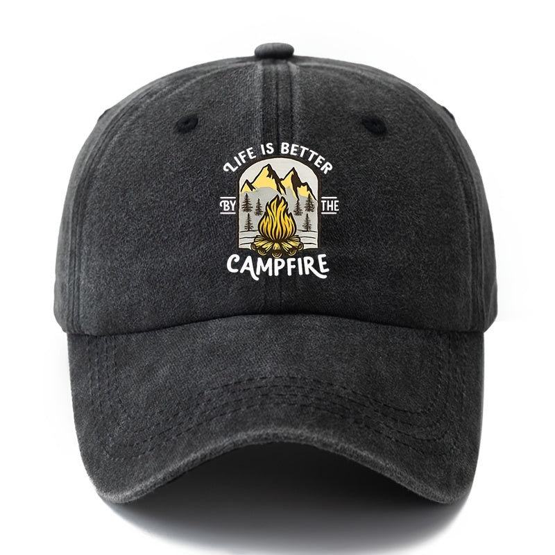 A Unisex, Fashionable and Versatile Printed Campfire Camping Baseball Cap, a Classic Retro Washed Outdoor Lightweight Curved Brim Cap, a Trucker Baseball Cap, Suitable for Outdoor Vacations, Travel, Camping and Other Casual Occasions, a Hip-hop Cap F