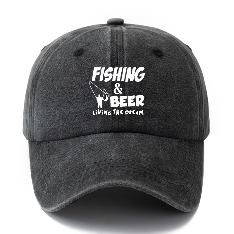 A Unisex Fashionable and Versatile Printed "FISHING&BEER" Baseball Cap, Featuring a Classic Vintage Washed Outdoor Lightweight Curved Brim Design. Suitable for Outdoor Vacations, Travel, Camping, and Other Casual Occasions. Ideal for Holiday Parties