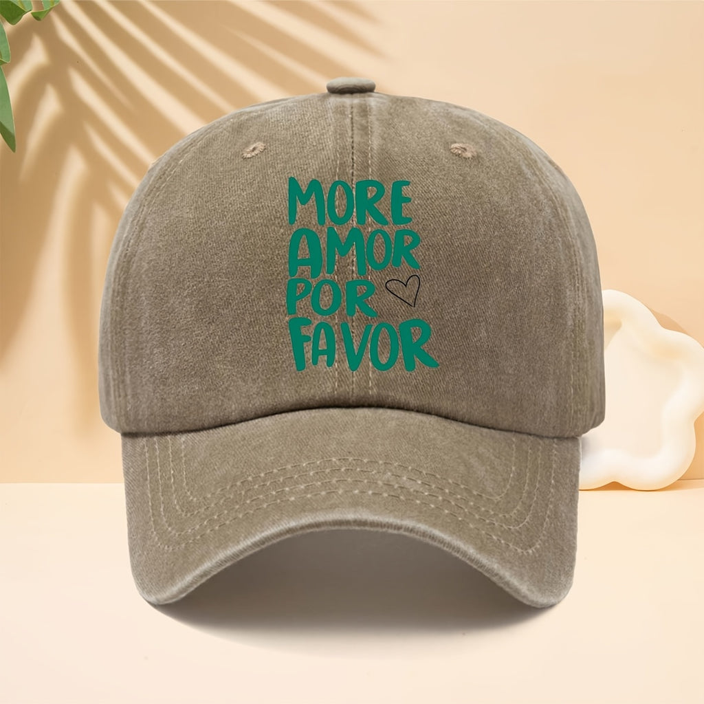 A Washed Baseball Cap with The Slogan MORE AMOR POR FAVOR, a Trucker Hat for Men And Women, a Casual Hat Suitable for All Seasons, a Six-Panel Hat with a Soft Top Design, Lightweight And Suitable for Daily Commutes, Street Style, Music Festivals