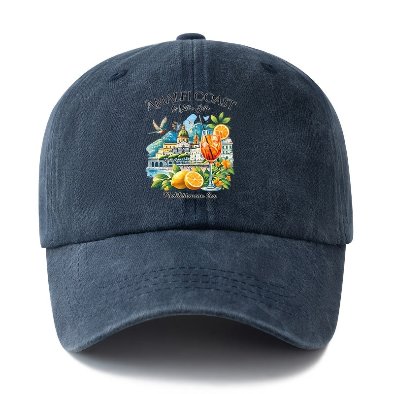 A Unisex Fashionable and Versatile Printed Baseball Cap Featuring the Italian Amalfi Coast. This Classic Vintage-washed Outdoor Lightweight Curved-brim Hat Is Also Known as a Trucker Cap. Suitable for Casual Occasions Such as Outdoor Vacations