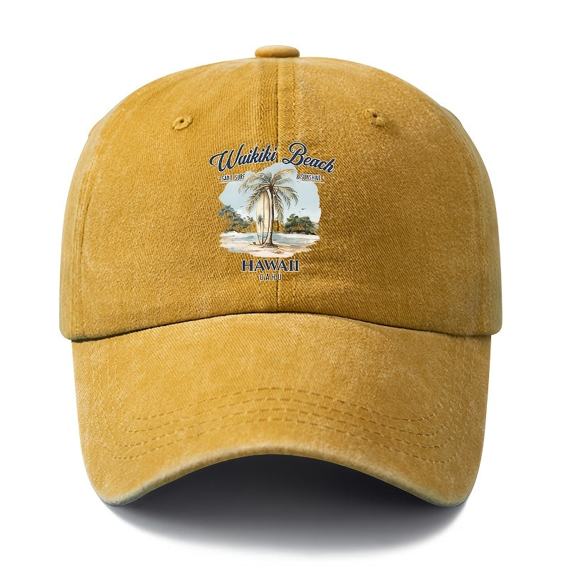 A Unisex Fashionable and Versatile Printed Hawaiian Waikiki Beach Baseball Cap, Featuring a Classic Vintage Washed Outdoor Lightweight Curved Brim. Suitable for Casual Occasions Such as Outdoor Vacations, Travel, and Camping, as Well as Holiday