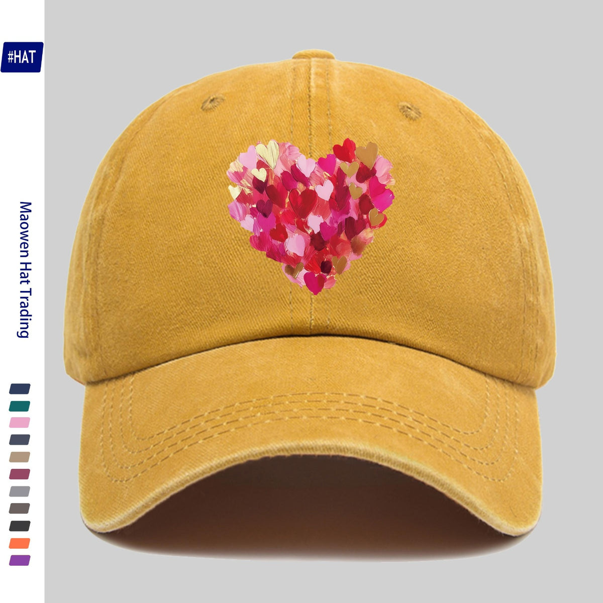 Heavy-Duty Washed Vintage Trucker Cap, Thick Oil-Painting Style Heart Print, Adjustable Snapback Closure, Suitable for Sports, Unisex Outdoor Cap, Ideal for All-Season Travel, Durable Headwear