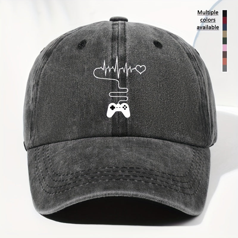 Unisex Gaming Console Heart Print Washed Vintage Baseball Cap, Fashionable Outdoor Hat for Men and Women, Adjustable Fit Trucker Hat Suitable for All Seasons and Daily Wear