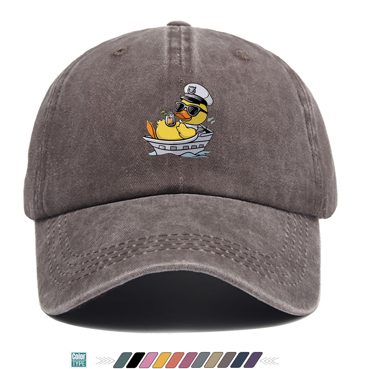 1pc Cartoon Captain Duck Printed Baseball Cap, Yellow Duck Wearing Captain Hat And Glasses, Sitting on Yacht with Drink, Fun Trendy Sun Hat, Unisex Adjustable Casual Street Fashion Hat, Outdoor Play Vacation Hat, Beach Seaside Sunshade Hat