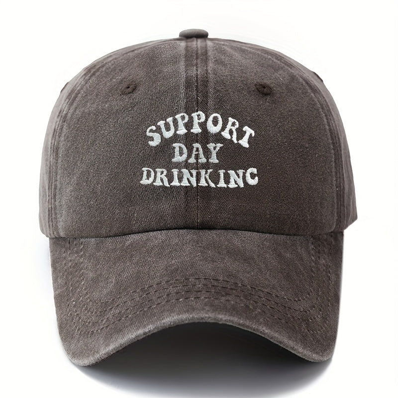 "SUPPORT DAY DRINKING" Baseball Cap - Curved Brim Trucker Hat Suitable for Outdoor Vacations, Camping, Casual Wear, Hand Washable Textile Cap with Phrase, for Day Drinking Events & Everyday Use
