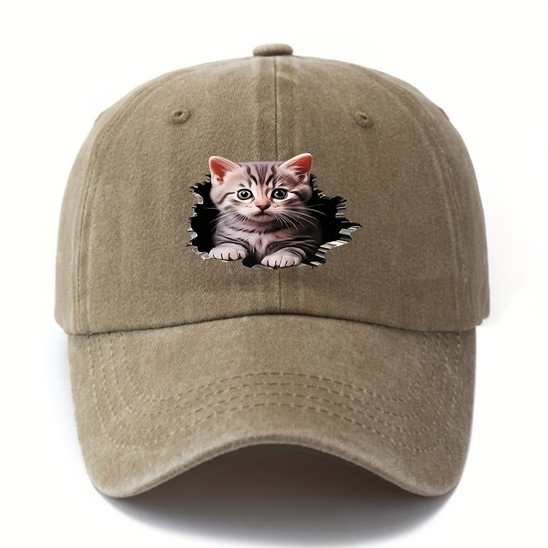 MAKEFGE Adjustable UPF Baseball Cap with Cat Ear & Iconic Kitten Print - Lightweight Washed Hip-Hop Hat Suitable for Outdoor, Casual Wear,, for -day Sun
