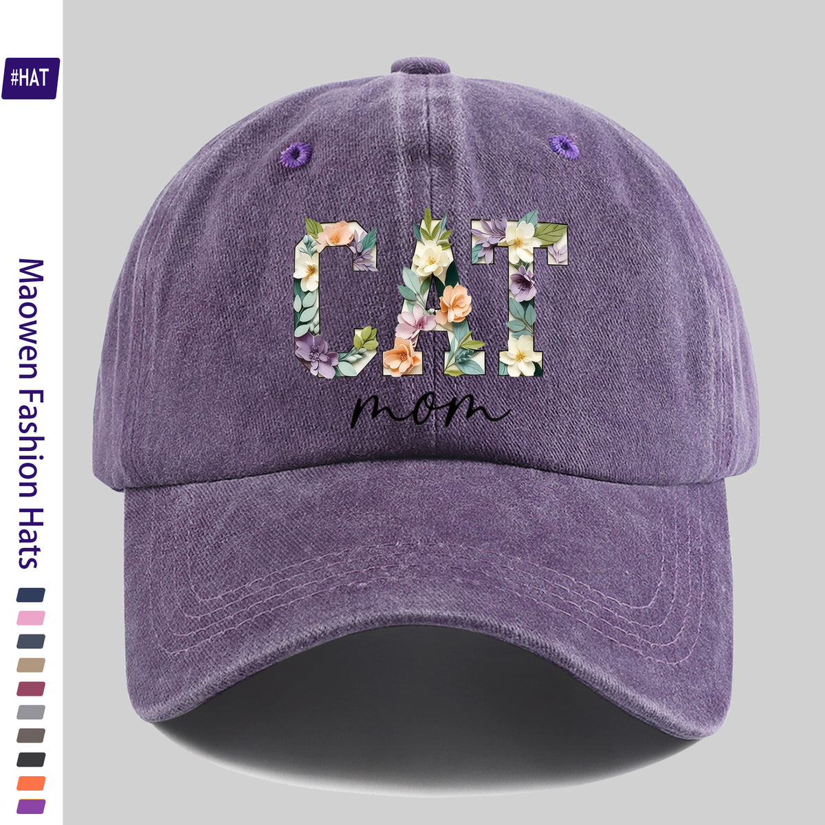 1 Washed Baseball Cap, Featuring a Floral Cat Mom Theme Iron-on Transfer Print Design, Vintage-style Distressed Baseball Cap for Autumn, Unisex Lightweight Outdoor Cap, Suitable for All-season Travel and Leisure, Adjustable Size Trucker Dad Hat, Idea