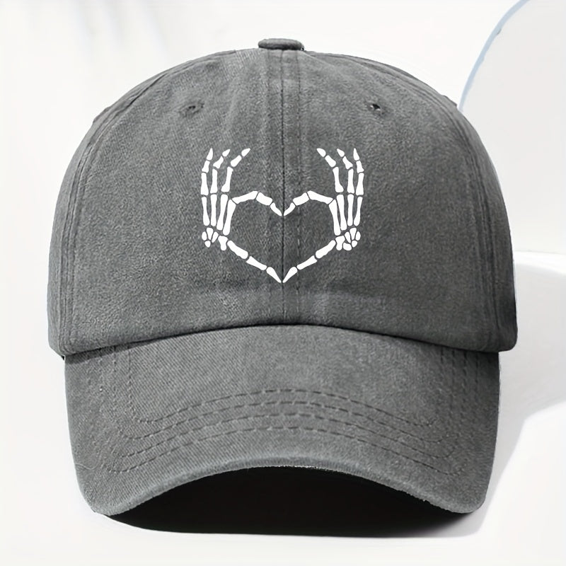 Men' & Women' Vintage Washed Baseball Cap with Heart & Skull Print - Adjustable Trucker Hat Suitable for All Seasons, Outdoor, Casual Wear, Retro Washed Style, Unisex for Daily Use, Driving,, and Everyday Fashion
