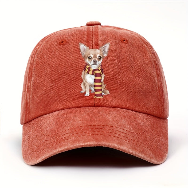 Cute Chihuahua & Scarf Print Vintage Washed Baseball Cap - Adjustable Snapback, Lightweight All-Season Outdoor Casual Hat, for New Year Celebrations, Accessory, Soft Texture, Seasonal Accessory, Playful Design, Hand Washable, Fashion Accessory