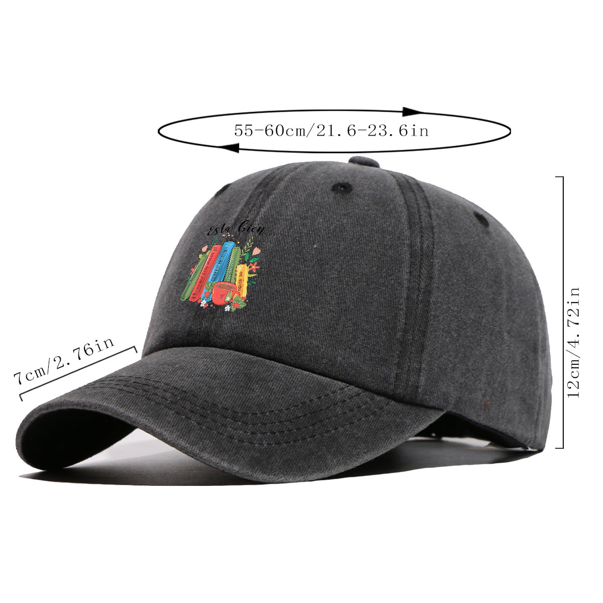 1pc Colorful Books And Teacup Illustration Printed Baseball Cap, Comfortable Breathable Sun Hat, Fashionable Aesthetic Unisex Hat, Adjustable Size, Casual Streetwear, Literary Youth Reading Cap, Suitable for Bookstore Check-In, Cafe Gatherings