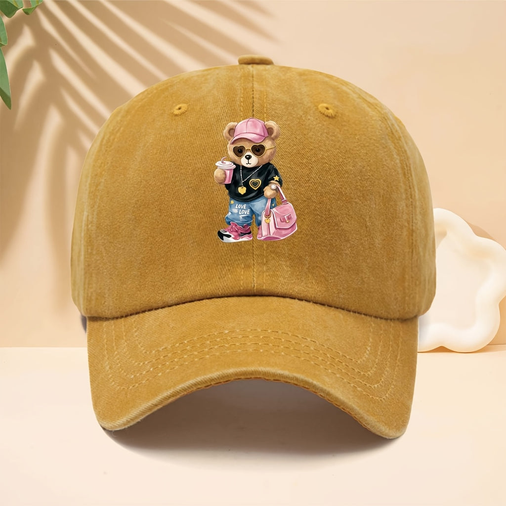Baseball Cap with a Trendy and Cool Teddy Bear Print, Featuring an American Street-style Aesthetic. This Adorable and Fun Personality-driven Casual Snapback Is Perfect for Strolling, Shopping, Traveling, Gatherings, Vacations, and Parties. The Curved