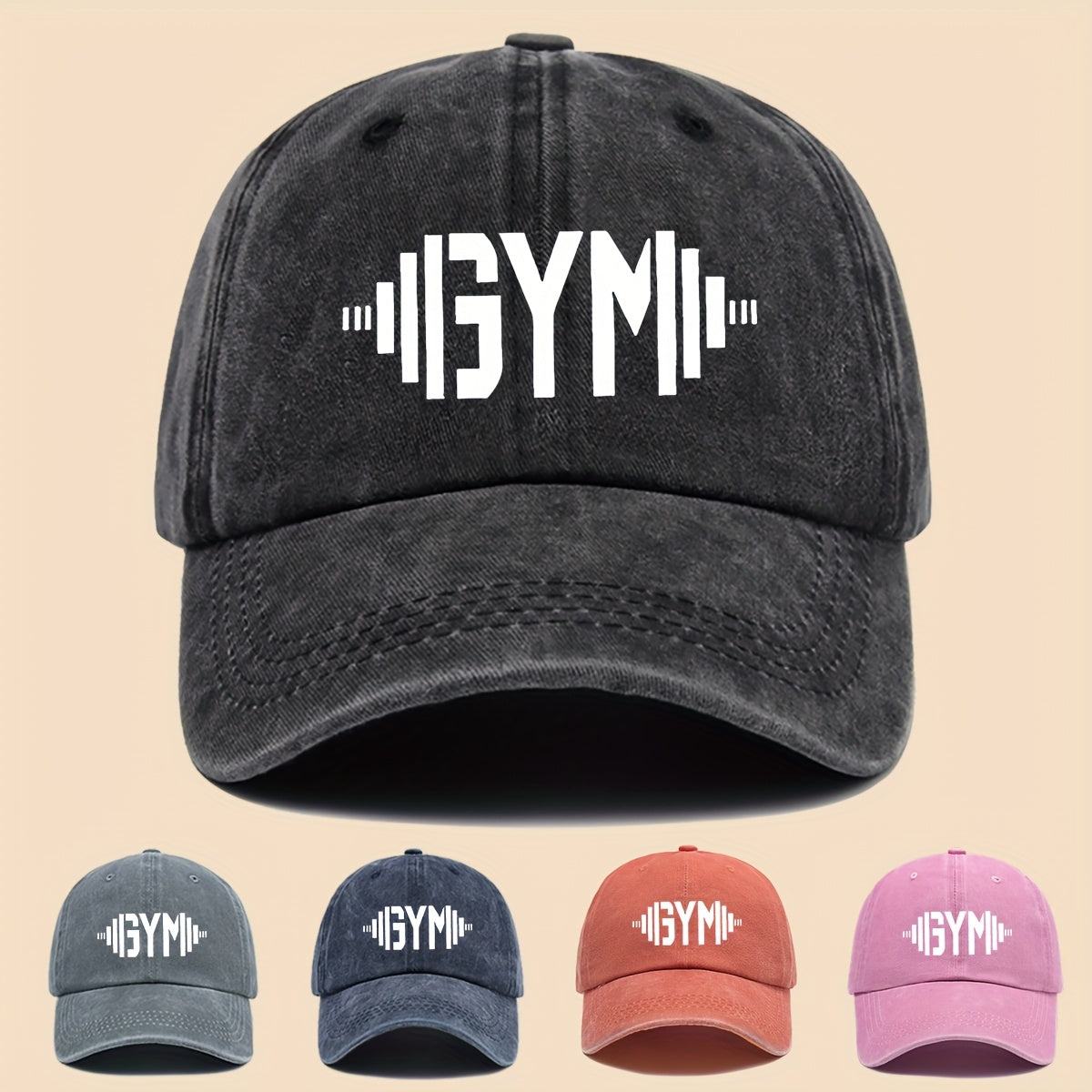1 GymFlex Pro Breathable Baseball Cap with GYM Print and Dumbbell Design - Washed Fitness Cap, Suitable for Men, Women, and Teens - Ideal Accessory for Gym, Outdoor Activities, Camping, Cycling, and Skateboarding - Vibrant Lifestyle Hat