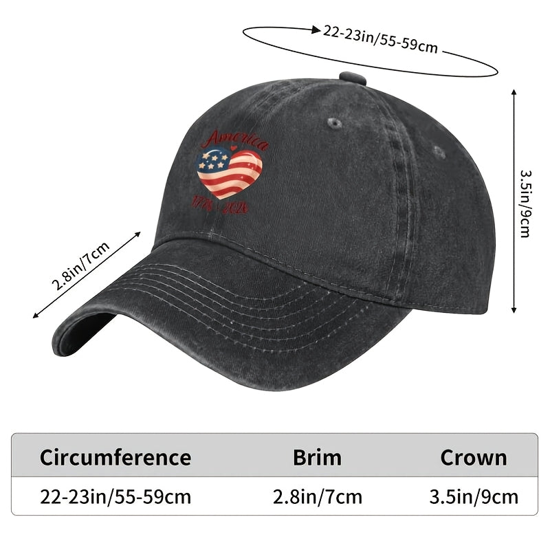 Unisex Baseball Cap Suitable for Men & Women - 250th Anniversary 1776 Flag Heart, Y2K Retro Washed Cap with Fun Buckle Closure, Machine Washable for 4th of July 2026 Commemorative Gift & History Apparel