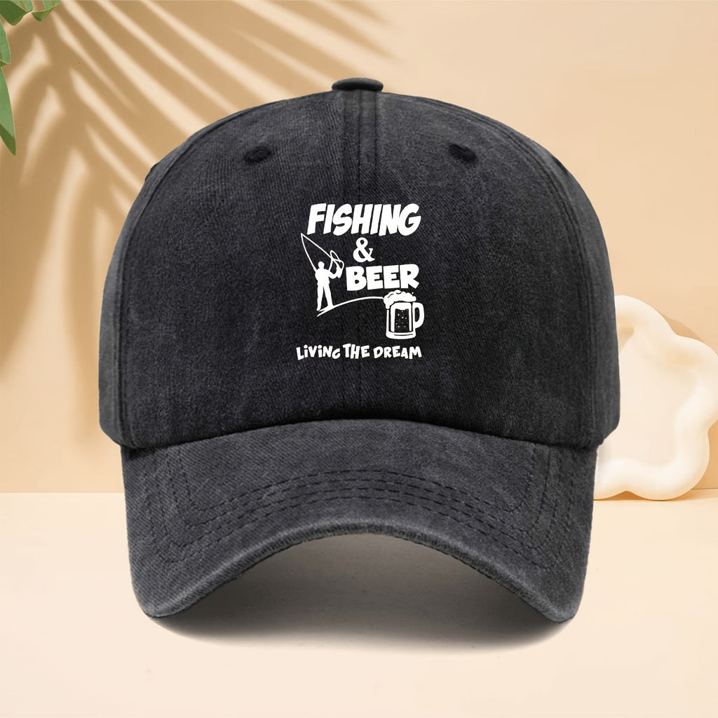 Baseball Cap with FISHING BEER Silhouette Print, American Casual Outdoor Lifestyle Design, Adjustable Size Unisex Casual Hat, All-Season Versatile Neutral Style, Curved Brim Hat for Outdoor Fishing, Parties, And Hip-Hop Style, Soft Top Design