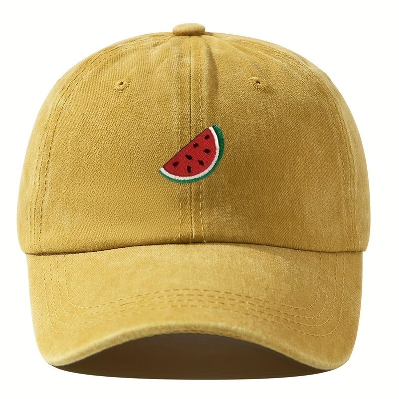 An Embroidered Baseball Cap with Curved Brim, Hip-hop Style, Fruit Embroidery, Vintage Washed, Unisex Outdoor Travel and Hiking Cap, Fishing Hat
