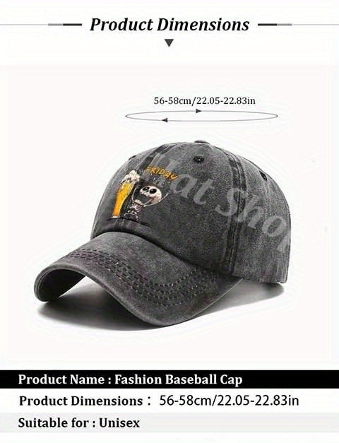 A Humorous Cartoon Skull Baseball Cap with Beer Mug Elements, Essential for Weekend Party Celebrations