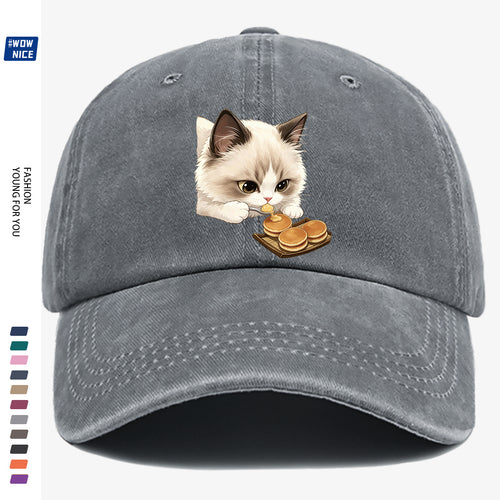 1pc 1pcs Cat Eating Muffin Baseball Cap with Kitten Print - Adjustable Unisex Hat Suitable for Men & Women, Cute, Streetwear, Café Outfits, Daily Wear, Fashionable Cap for Bestie Gatherings & Weekend Outings