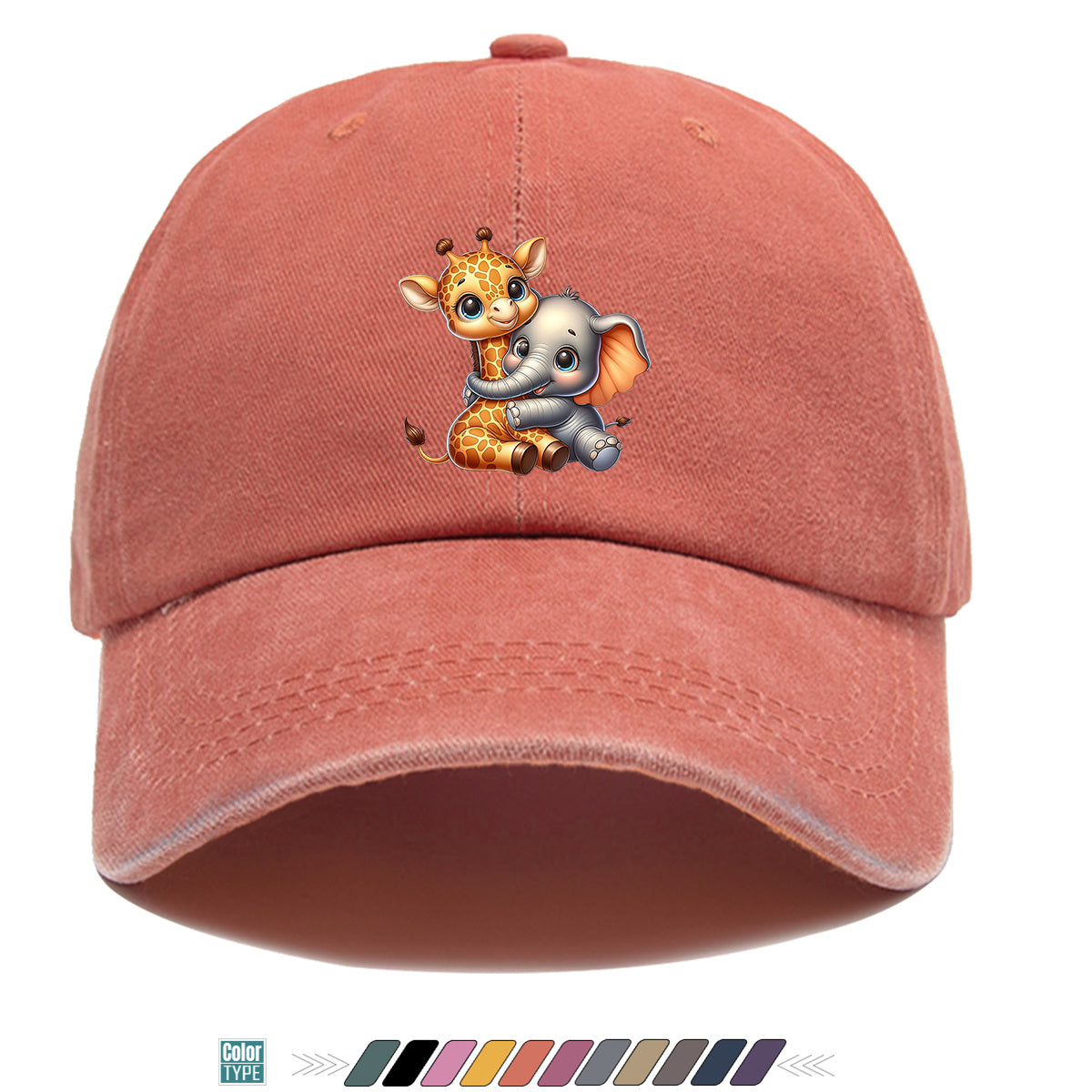 1pc Cartoon Giraffe and Baby Elephant Hugging Print Baseball Cap, Cute Animal Pattern Sun Hat, Stylish Casual Versatile Unisex Adjustable Snapback Cap, Outing Hat, Bestie Shopping Hat, Outdoor Picnic Hat, Amusement Park Hat, Birthday Holiday Gift