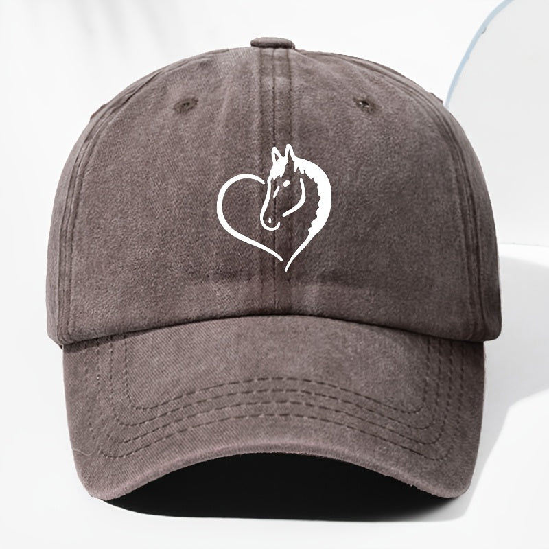 Unisex Heart Horse Head Print Washed Vintage Baseball Cap Fashion Men Women Sun Hat Adjustable Size Trucker Cap Suitable for All Seasons Daily Wear