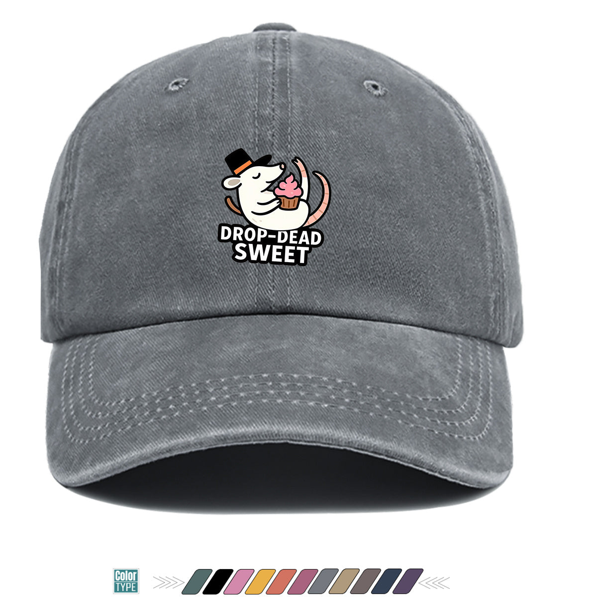 1pc 1pcs "DROP-DEAD SWEET" Mouse Top Hat & Cupcake Print Cap - Adjustable Unisex Baseball Hat Suitable for Parties, Travel, Daily Wear - Cute, Themed Outfits, Street Style for Men & Women (Powder Cream Cupcake)