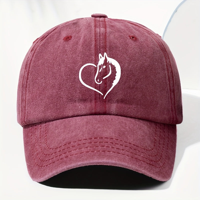 Unisex Heart Horse Head Print Washed Vintage Baseball Cap Fashion Men Women Sun Hat Adjustable Size Trucker Cap Suitable for All Seasons Daily Wear
