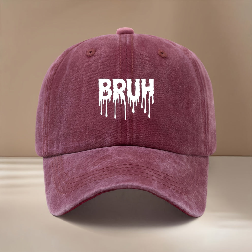 White "BRUH" Text Graphic Baseball Cap with Adjustable Size, Textured Hip-hop Style, Unisex Snapback Hat for Friends' Gatherings and Camping. Comfortable and Lightweight with a Curved Brim, This , Cool Six-panel Cap Features a Relaxed and Casual Fit.