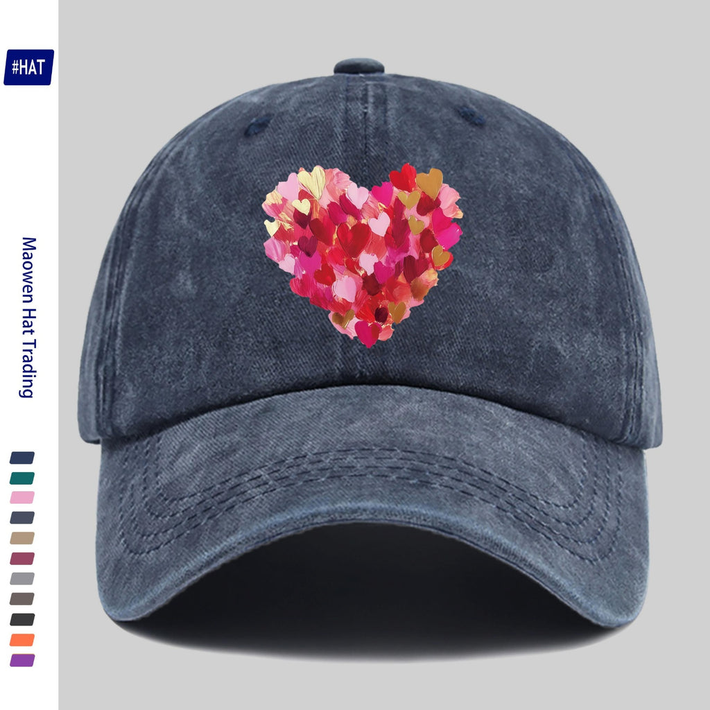 Heavy-Duty Washed Vintage Trucker Cap, Thick Oil-Painting Style Heart Print, Adjustable Snapback Closure, Suitable for Sports, Unisex Outdoor Cap, Ideal for All-Season Travel, Durable Headwear