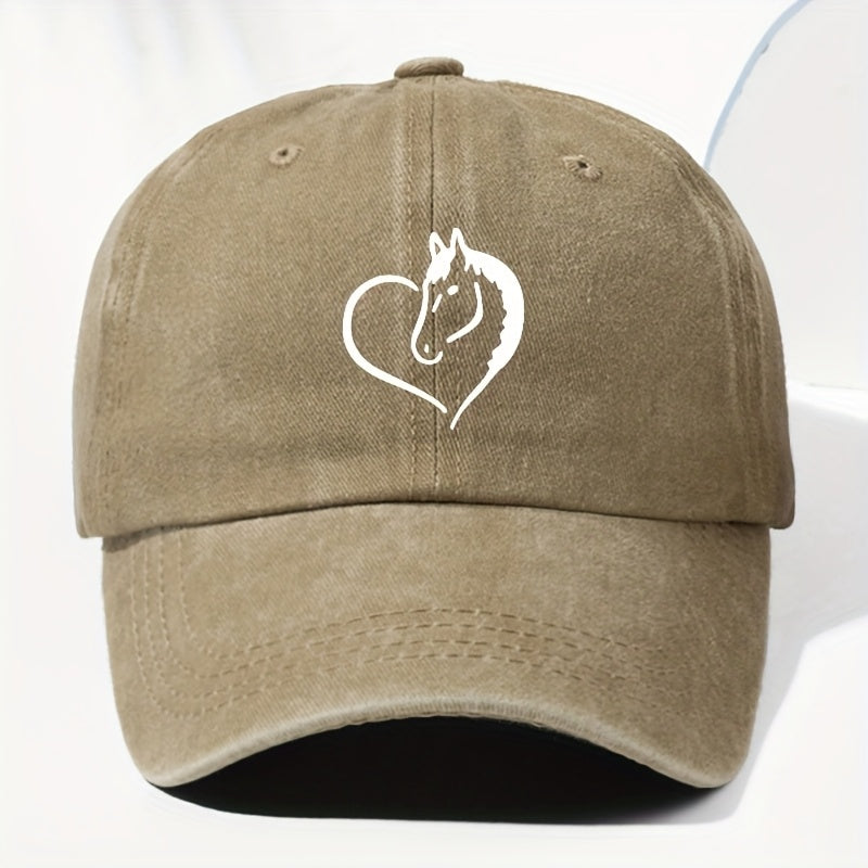 Unisex Heart Horse Head Print Washed Vintage Baseball Cap Fashion Men Women Sun Hat Adjustable Size Trucker Cap Suitable for All Seasons Daily Wear
