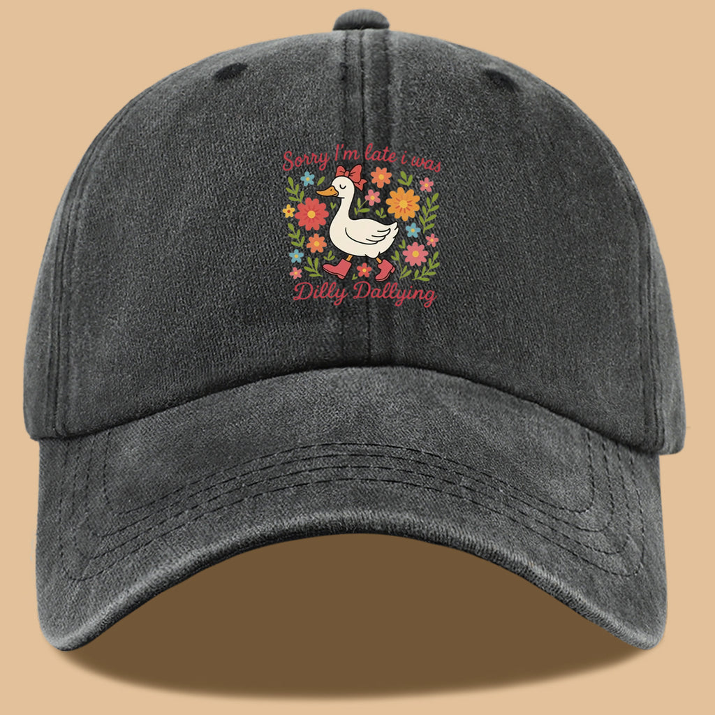 1pc Cute Duck "Sorry I'M Late, I Was Procrastinating" Printed Baseball Cap, Comfortable Breathable Sun Hat, Fashionable And Aesthetic Unisex Baseball Cap, Adjustable Size, Casual Duckbill Cap, Suitable for Picnics, Shopping, Dates, Walks, Vacations