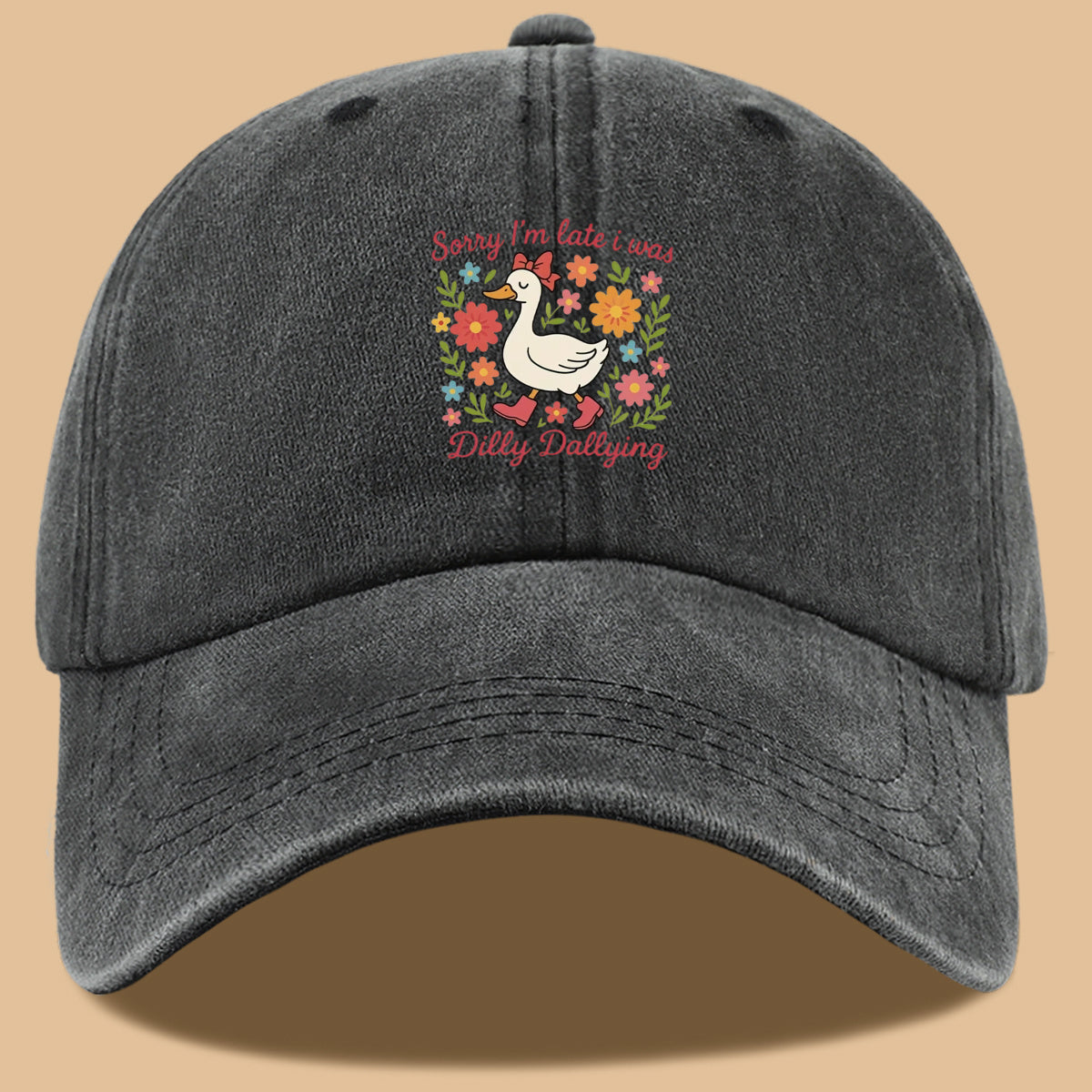 1pc Cute Duck "Sorry I'M Late, I Was Procrastinating" Printed Baseball Cap, Comfortable Breathable Sun Hat, Fashionable And Aesthetic Unisex Baseball Cap, Adjustable Size, Casual Duckbill Cap, Suitable for Picnics, Shopping, Dates, Walks, Vacations