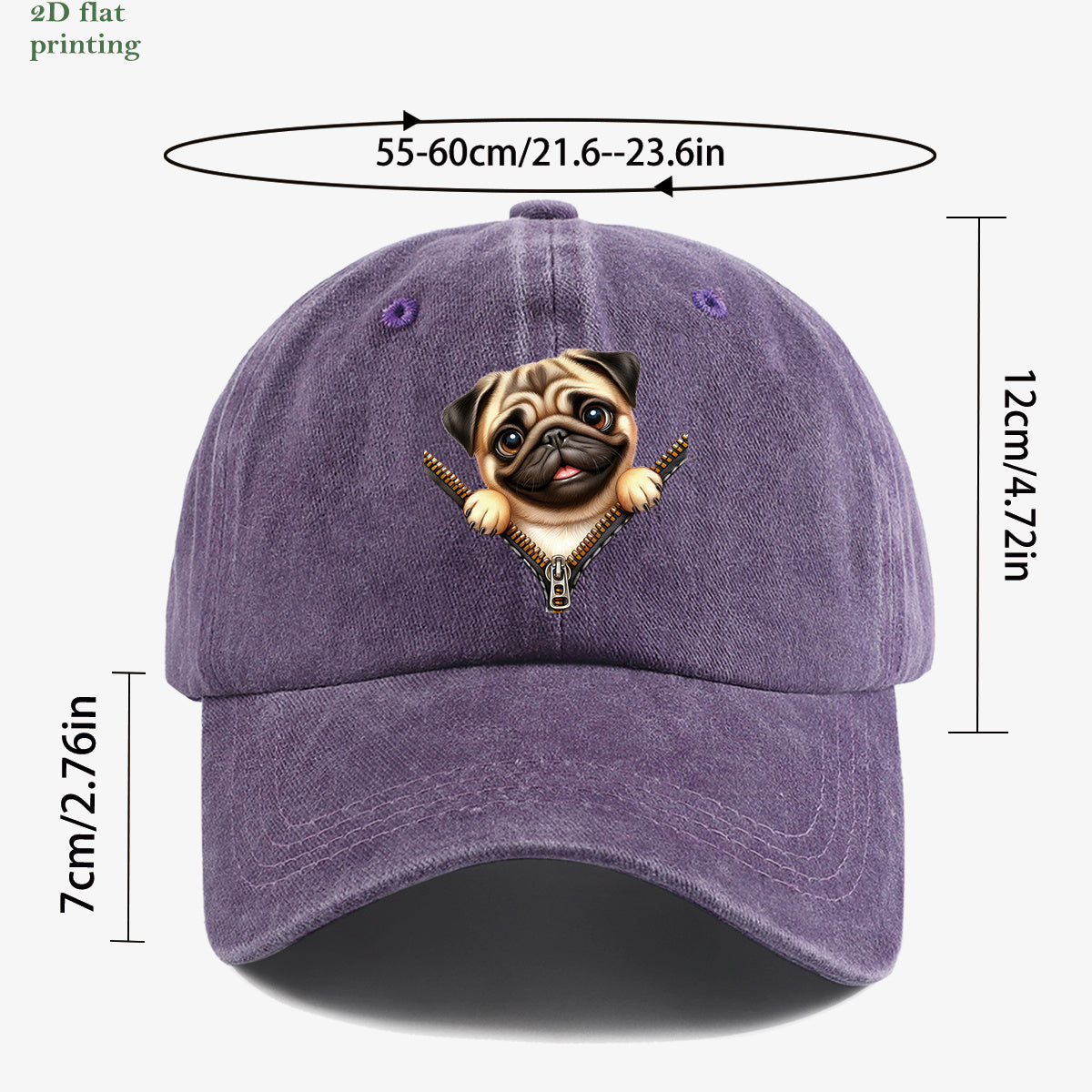 1pc Pug Zipper Print Baseball Cap, Cute Animal Pattern Headwear, Fashionable and Versatile Hat Accessory, Unisex Street Style Hat with Adjustable Size, Slimming and Face-Shaping, Suitable for Daily Outings, Parties, Dates, Shopping, Outings