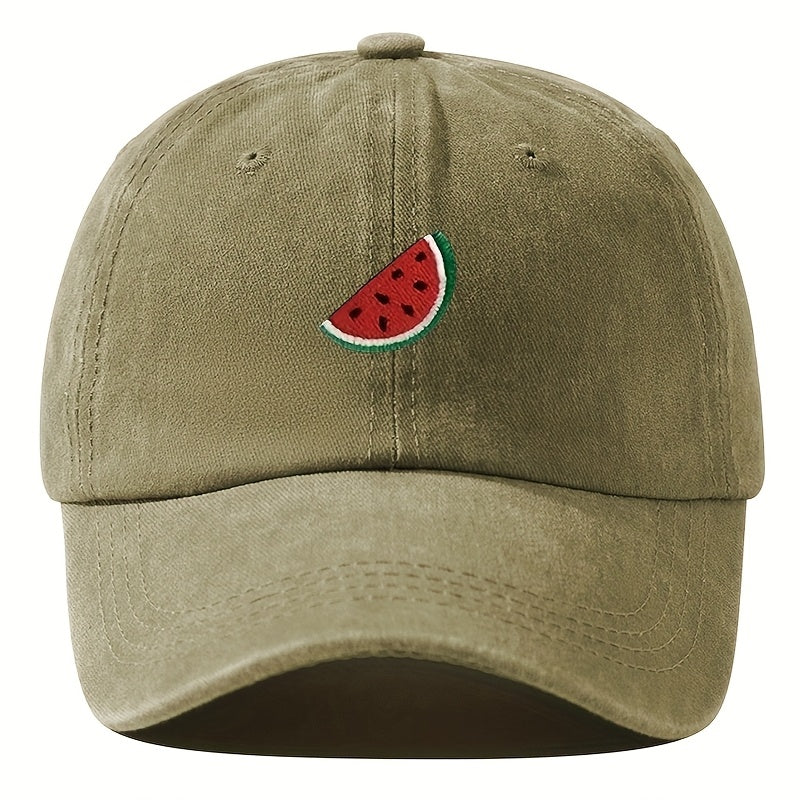 An Embroidered Baseball Cap with Curved Brim, Hip-hop Style, Fruit Embroidery, Vintage Washed, Unisex Outdoor Travel and Hiking Cap, Fishing Hat