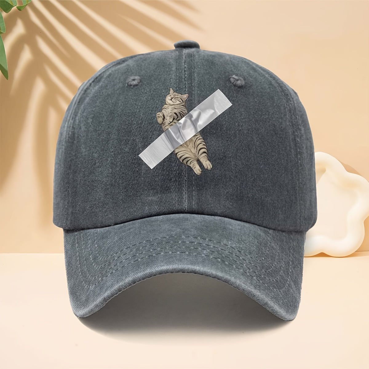 Adjustable Cat Tape-Printed Baseball Cap with Tape-Themed Tab & Curved Brim - Soft Top Trucker Hat Suitable for All- Wear, Unisex for Men & Women, Casual, Parties, Hip-Hop Outfits - Durable Comfortable Design