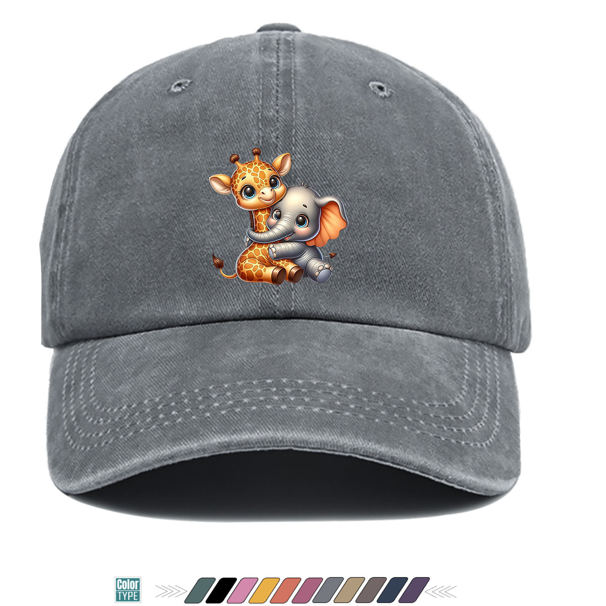 1pc Cartoon Giraffe and Baby Elephant Hugging Print Baseball Cap, Cute Animal Pattern Sun Hat, Stylish Casual Versatile Unisex Adjustable Snapback Cap, Outing Hat, Bestie Shopping Hat, Outdoor Picnic Hat, Amusement Park Hat, Birthday Holiday Gift