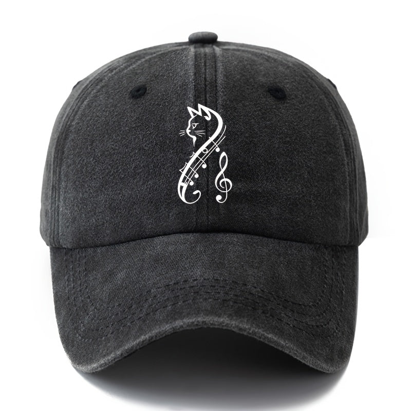 A Unisex Fashionable and Versatile Printed Cat and Musical Note Baseball Cap, Featuring a Classic Vintage Washed Lightweight Outdoor Curved Brim. This Trucker Baseball Cap Is Suitable for Casual Occasions Such as Outdoor Vacations