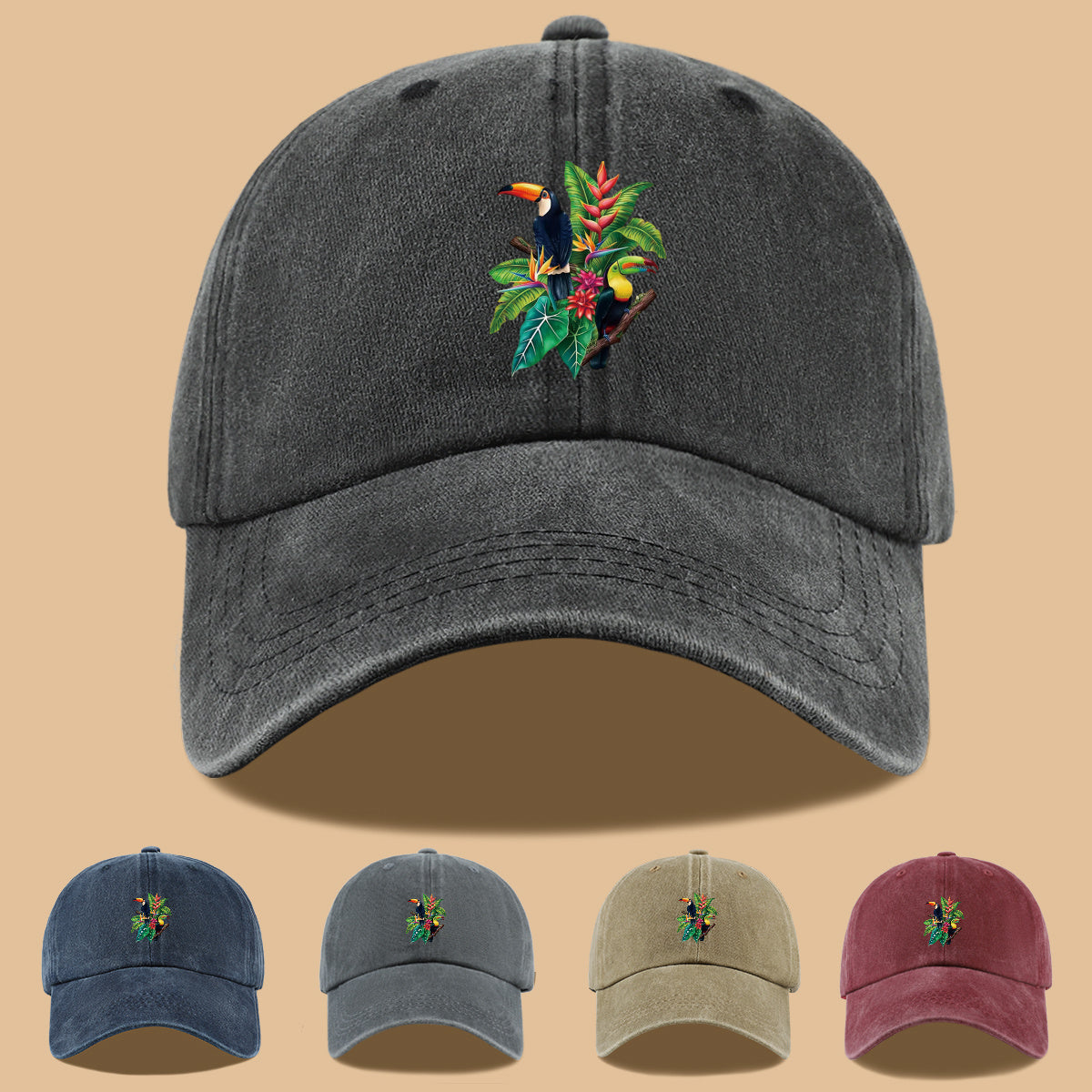 1pc Tropical Rainforest Theme Toucan Print Baseball Cap, Tropical Plant Floral Pattern Sun Hat, Fashionable And Individual Aesthetic Unisex Baseball Cap, Adjustable Size Outdoor Casual Sun Hat, Suitable for Vacation, Travel, Camping, Picnic
