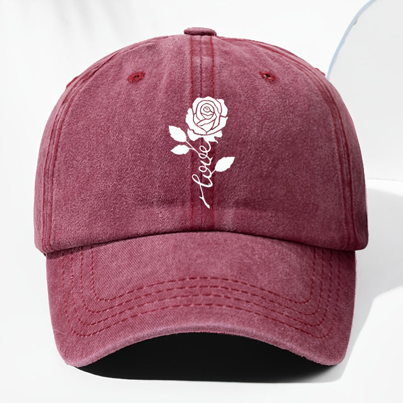 Unisex Rose Love Print Washed Vintage Baseball Cap Fashion Men Women Sunshade Outdoor Hat Adjustable Hat Trucker Cap Suitable for All Seasons Daily Wear