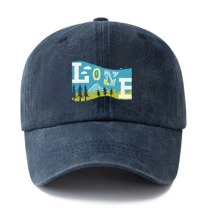 Unisex Fashion Versatile Printed LOVE Outdoor Baseball Cap, Classic Retro Washed Outdoor Lightweight Curved Brim Hat, Trucker Cap, Suitable for Outdoor Vacation Travel Camping And Other Casual Occasions, Holiday Party Hip-Hop Hat