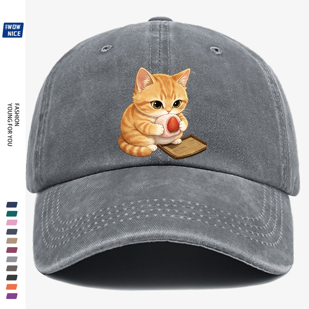 1pc Orange Striped Kitten Holding Strawberry Big Stamp Pattern Baseball Cap, Cute And Playful Fashion Casual Unisex Adjustable Size, Daily Outing, Coffee Shop Gathering, Park Stroll, Shopping Fun, Best Friend Date, Weekend Picnic, Relaxed Commute