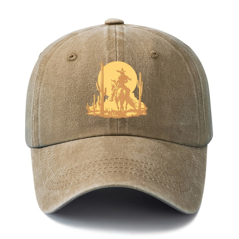 A Unisex Fashionable and Versatile Printed Desert Horseback Riding Hero Baseball Cap, Featuring a Classic Vintage Washed Outdoor Lightweight Curved Brim. This Trucker Baseball Cap Is Suitable for Casual Occasions Such as Outdoor Vacations