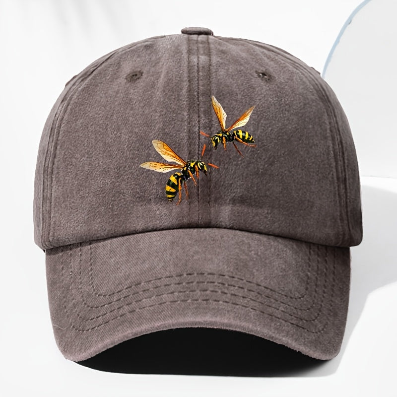 Unisex Bee Animal Print Washed Vintage Baseball Cap, Fashionable Sun Outdoor Hat for Men and Women, Adjustable Fit Trucker Hat Suitable for All Seasons and Daily Wear