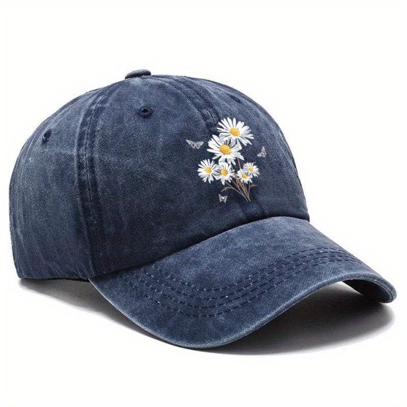Vintage Daisy Butterfly Print Baseball Cap | Adjustable Lightweight Breathable Dad Hat, Outdoor Sports Leisure Gear, Black and White Floral Design, Teacher'S Day Graduation Gift, Casual Headwear, All-season