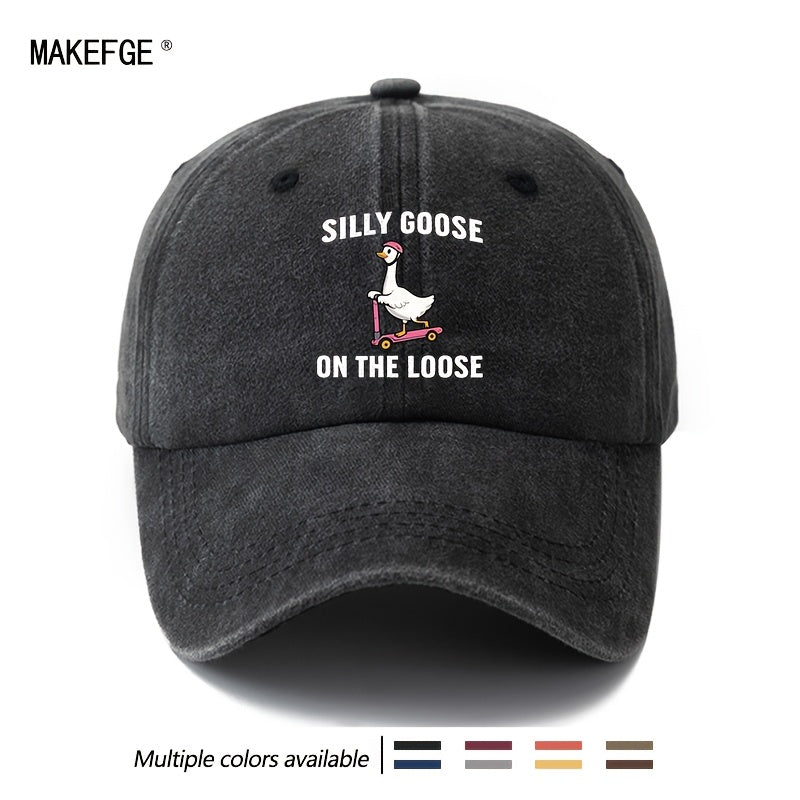 Unisex Fashion Versatile Printed SILLY GOOSE ON THE LOOSE Baseball Cap, Classic Retro Washed Outdoor Lightweight Curved Brim Hat, Trucker Cap, Suitable for Outdoor Vacation Travel Camping And Casual Occasions, Holiday Party Hip-Hop Hat